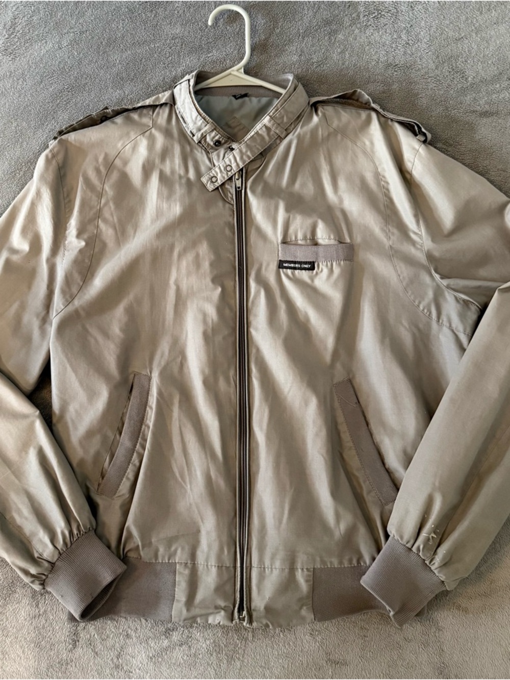 80s Vintage Members Only Jacket, Mens 42, Khaki Classic Zip Racer Bomber